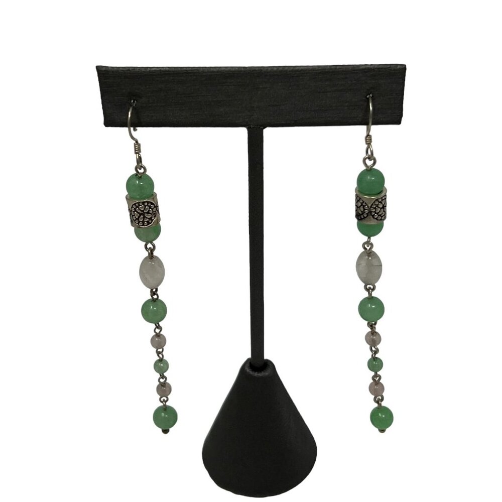 Silver Tone Earrings Drop Green‎ White and Silver Beads Pierced Dangle